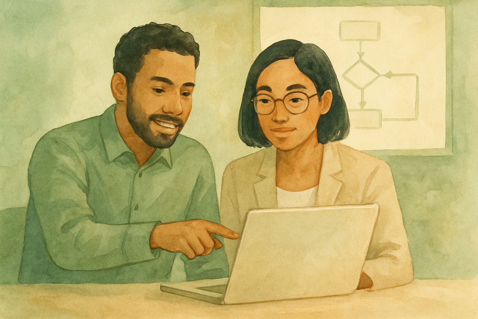 Illustration of a focused team of three collaborating on problem-solving together