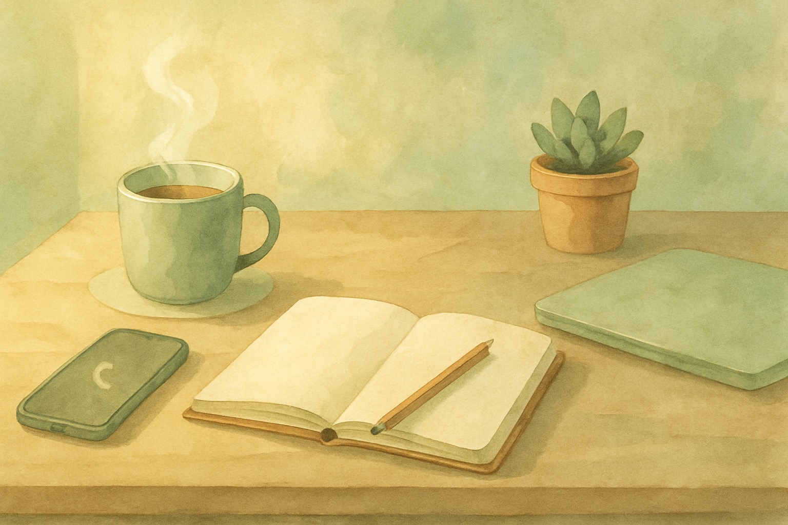 A clean late-evening desk, a phone resting after a call, a single line crossed out on a notepad. Calm, no triumph.