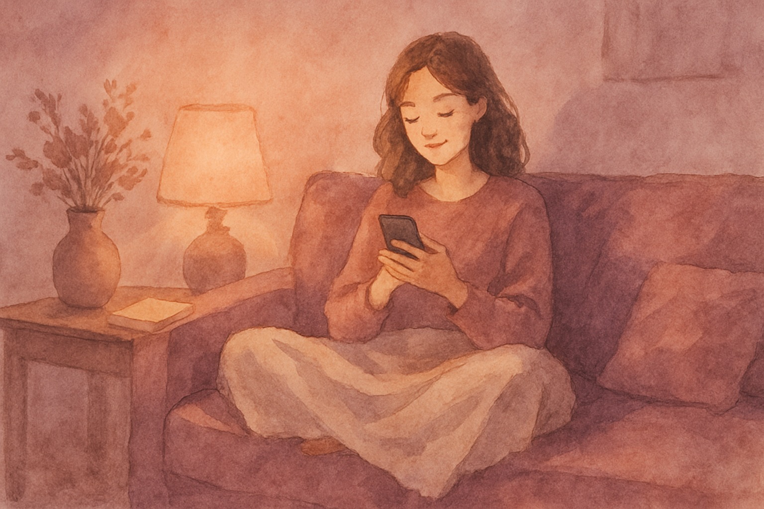 A customer at a kitchen counter, phone in hand, gentle window light. A single product card on the screen, a thoughtful pause.