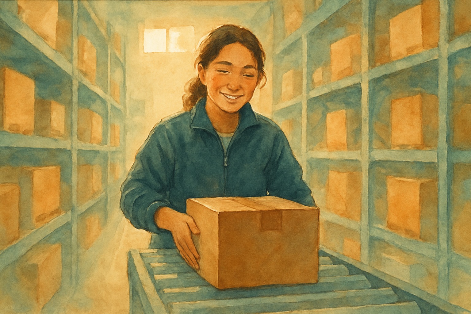 Warehouse worker placing a return box on a conveyor in late afternoon light