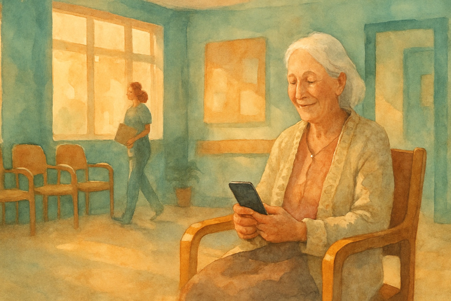 Warm clinic waiting room at golden hour. An elderly patient holds a phone gently, eyes calm. A nurse passes softly in the background. Teal and copper palette.