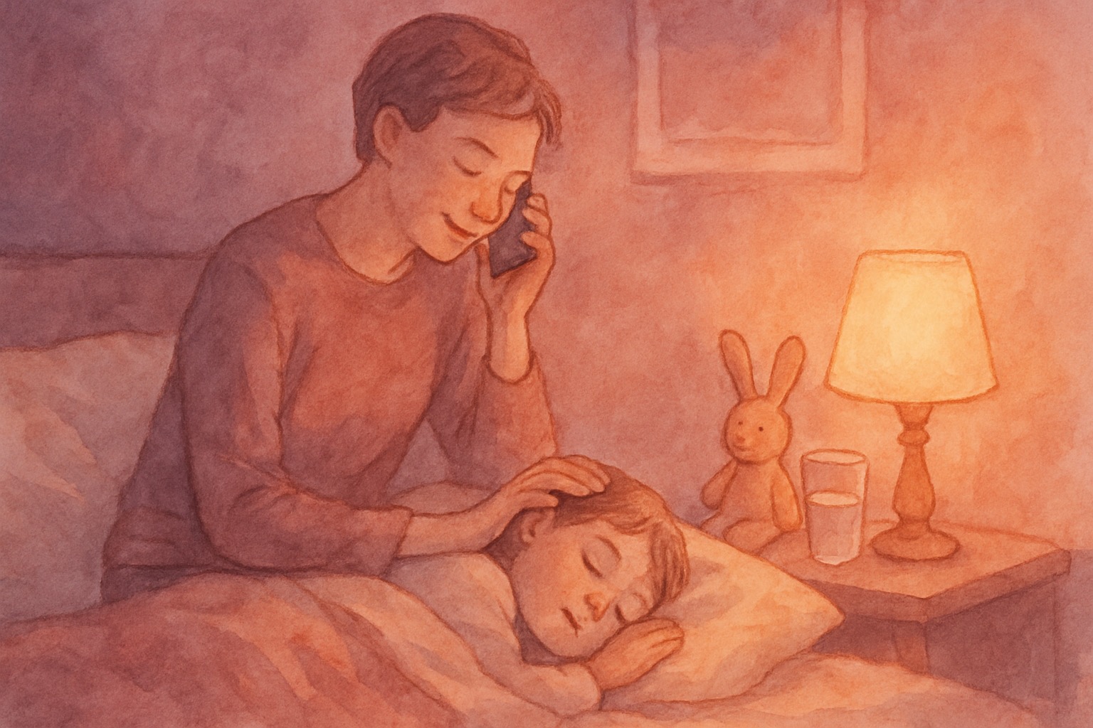 A parent on the phone with a hand on a sleeping child's forehead at dawn. Quiet, attentive, calm.