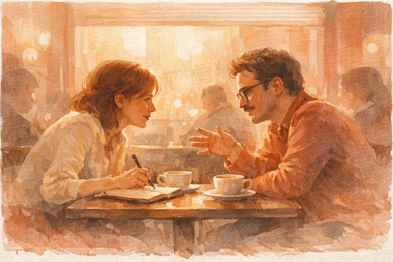 Illustration of two people reviewing an improvement chart together at a standing desk
