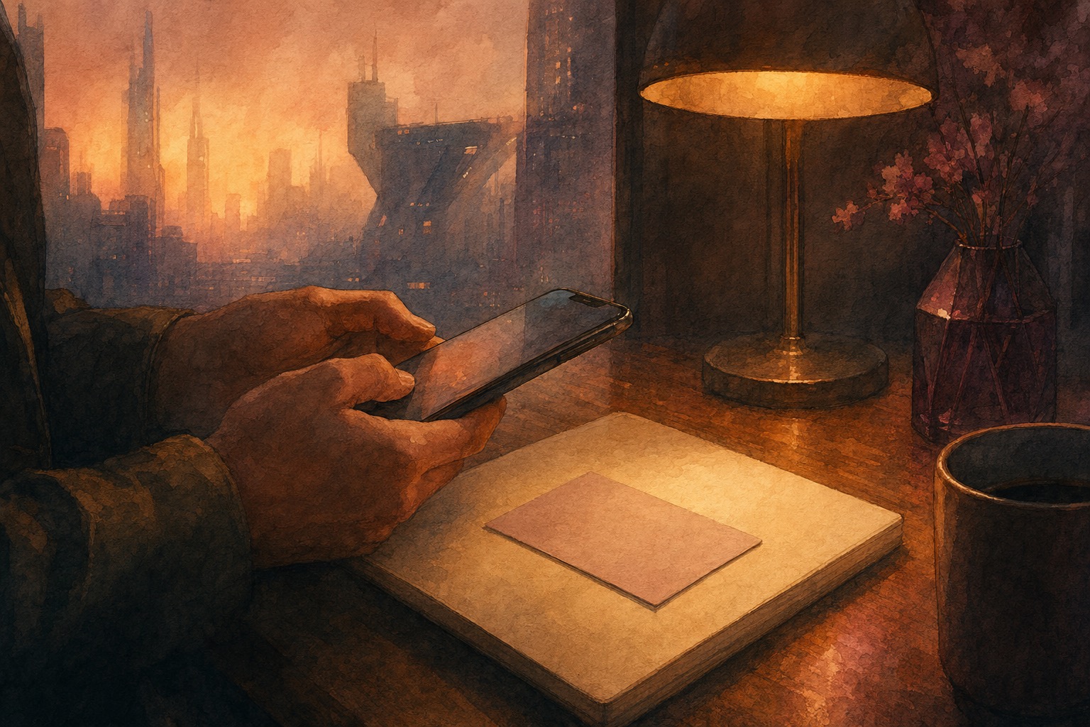 An ID Card Propped Against a Notebook on a Quiet Desk at Evening, Two Hands Tilting a Phone Down to Photograph It