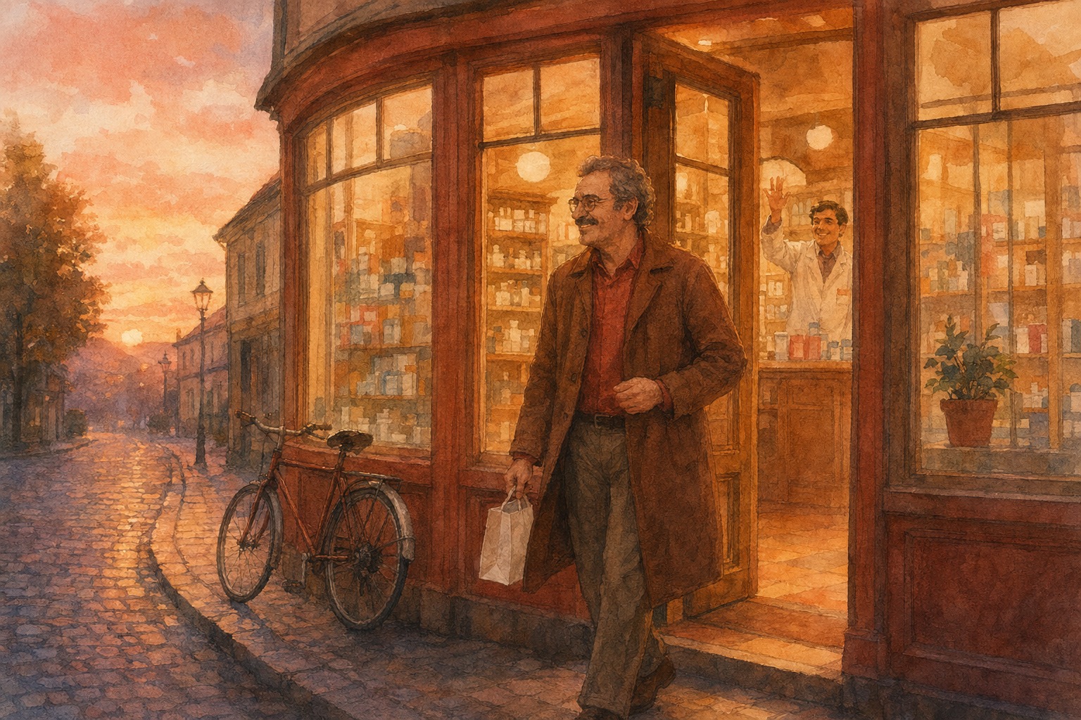 Soul-style watercolor of a small-town pharmacy at dusk, a patient stepping out with a paper bag, golden-amber palette