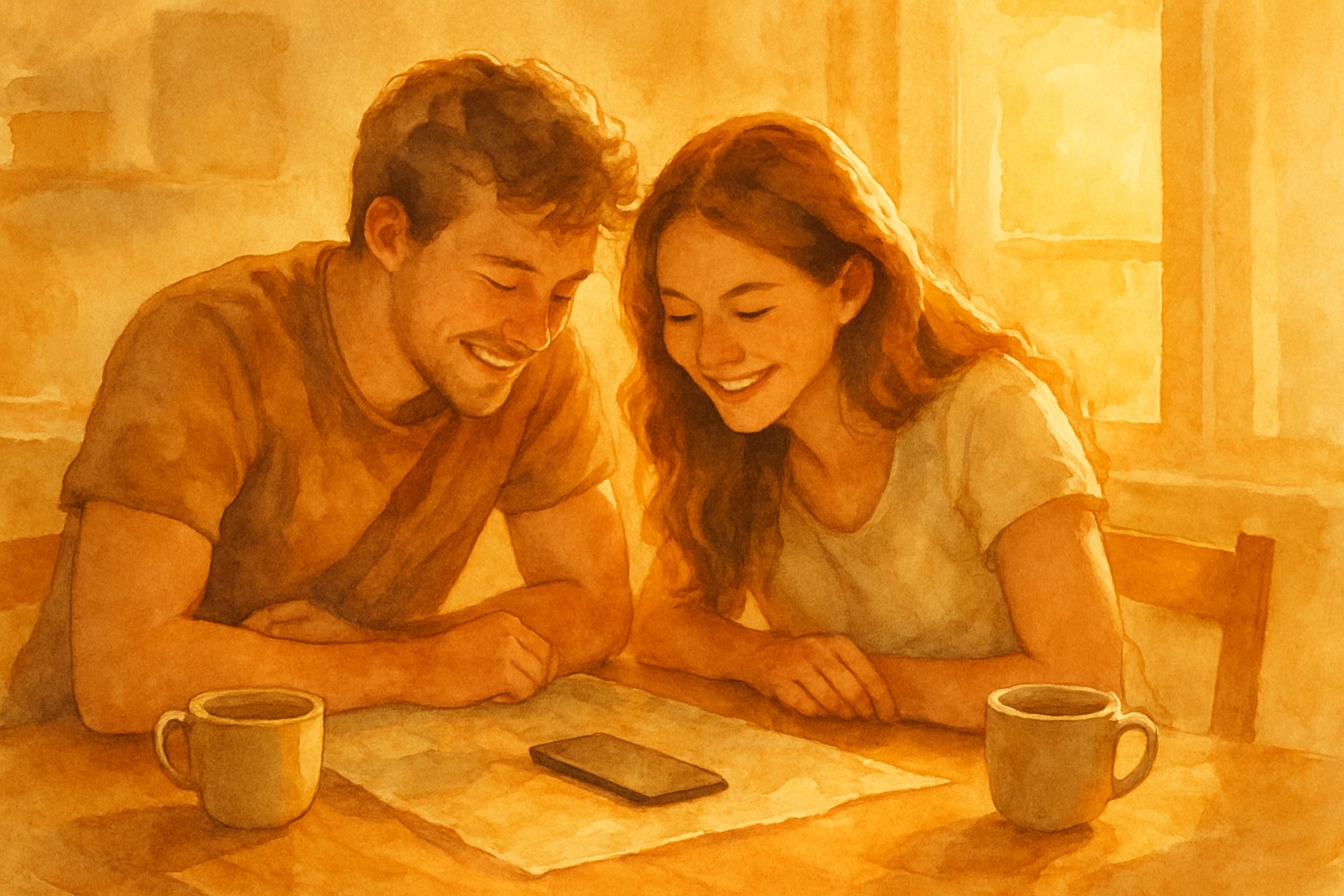 A young couple at a kitchen table at golden hour, looking at a listing photo together on a phone face-up between them.