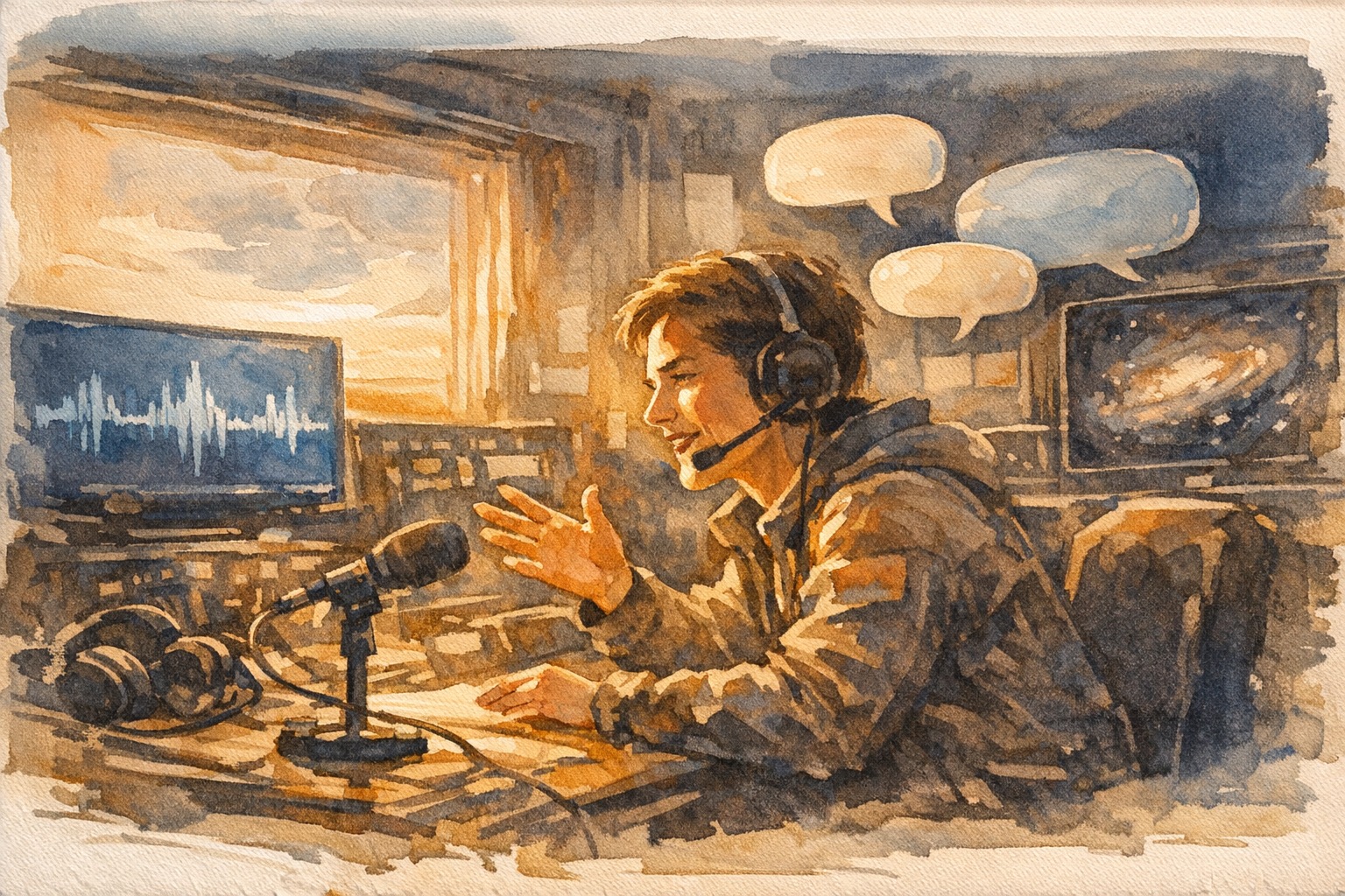 Watercolor illustration of a space mission control room with signal data flowing across screens, Interstellar style in dusty blue tones