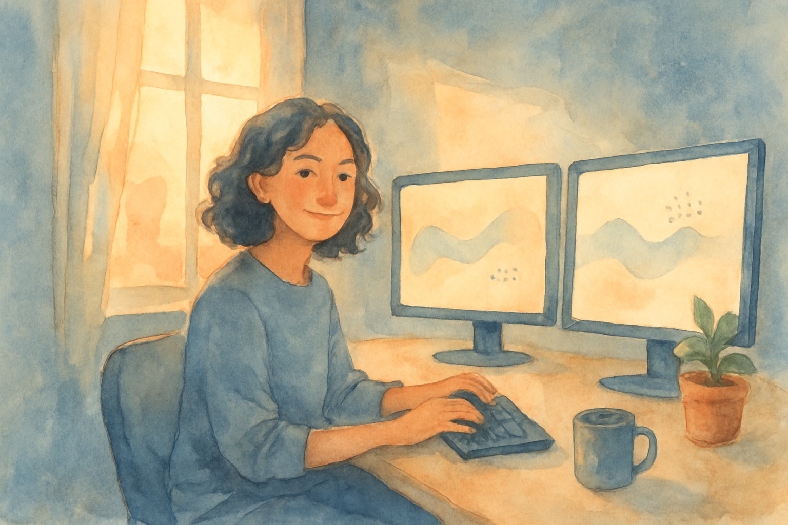 Watercolor Illustration of a Late-Night Developer Desk with Two Monitors. One Shows a Chat Window Where the Bot Says 'I Don't Know This One. Let Me Get Pat in Support.' The Other Shows a Dashboard with Two Columns Labeled Raw Deflection and Resolved Deflection, the Second Column Visibly Smaller.