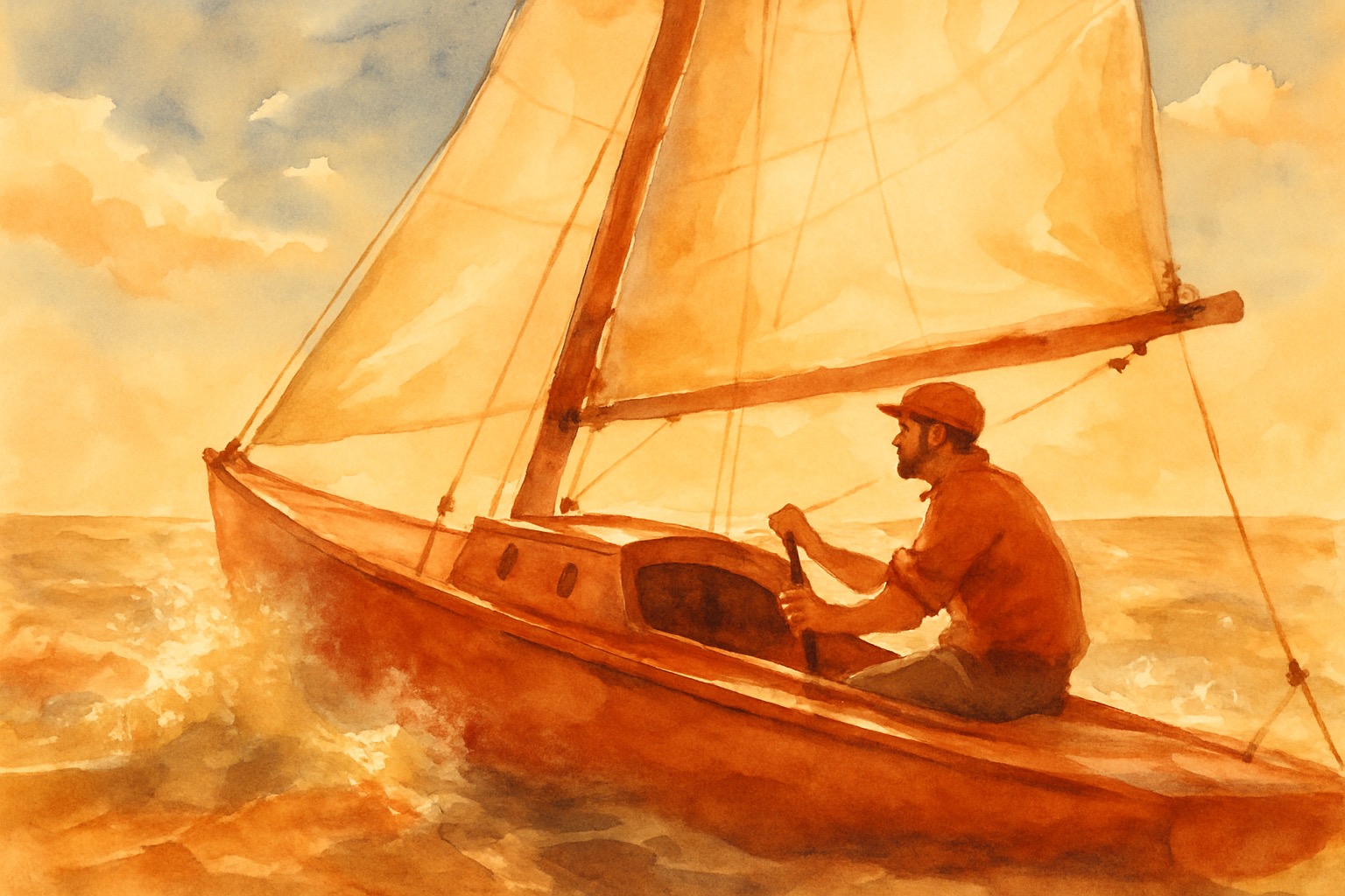 Watercolor illustration of voice AI waveforms flowing through a technical architecture diagram with golden amber tones