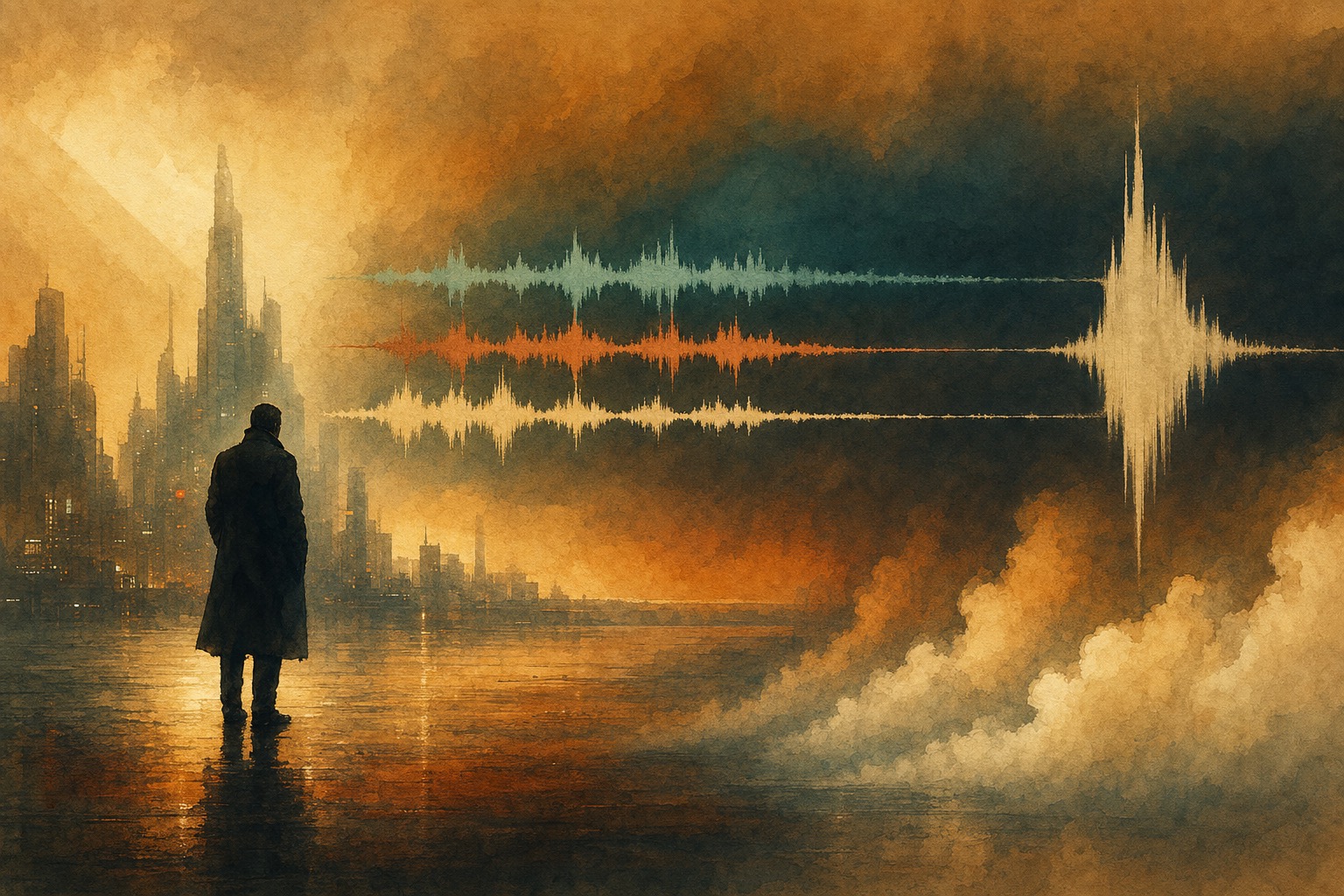 Layered audio waveform splitting into three colored tracks with one outlier spike trailing into fog, teal-copper engineering palette