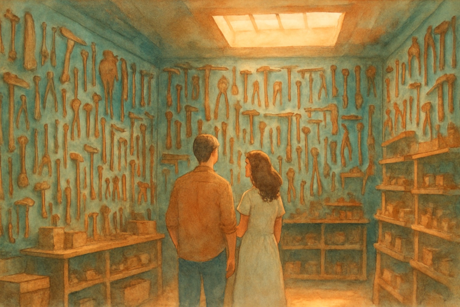 Watercolor illustration of two interlocking systems — tools and behavioral instructions — powering an AI agent
